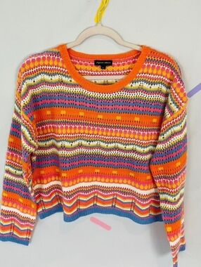 Vibrant Multicolor Open-Knit Crewneck Sweater